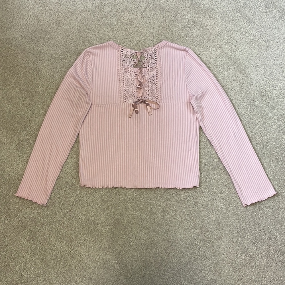 American Rag pink crochet lace up back long sleeve top L